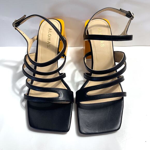 ALOHAS NWOT Aubrey Strappy Yellow Block Heel Square Toe Sandal Size 37/6.5 - Picture 6 of 16